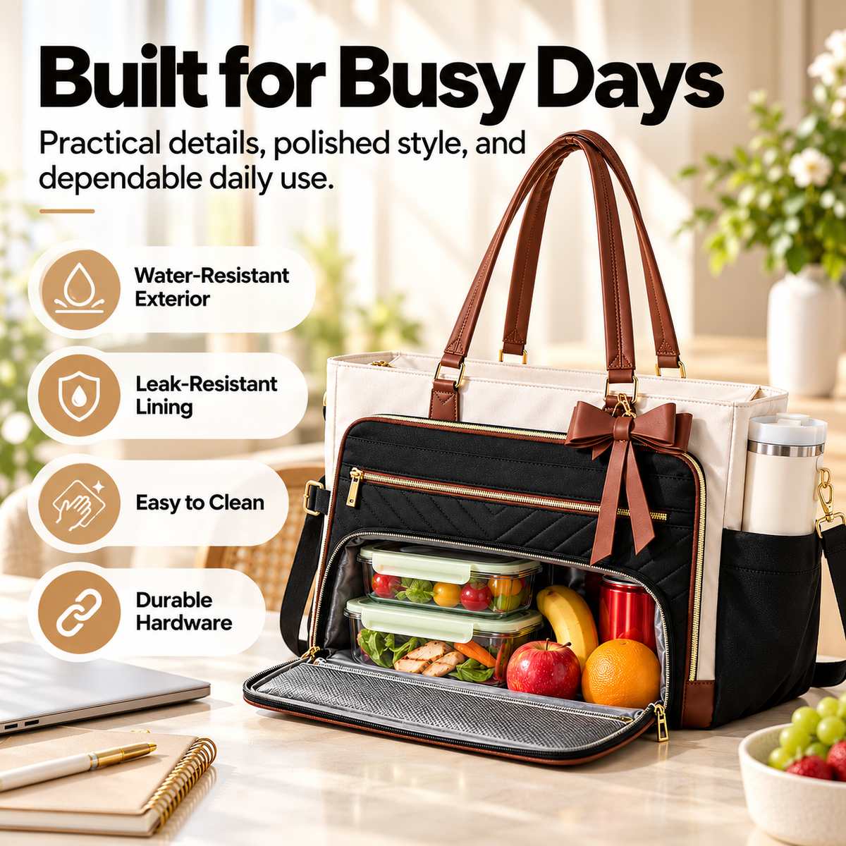 👜 2-in-1 Insulated Work Tote Bag with Lunch Compartment, 17.3" Laptop Sleeve & 40oz Cup Holder