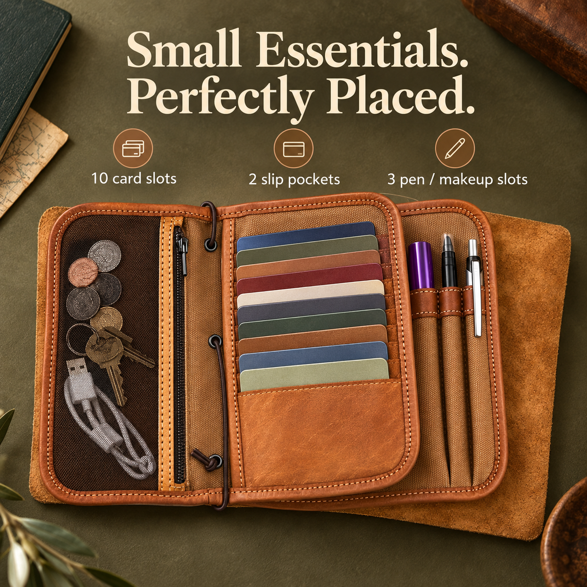Vintage Leather Travel Organizer Wallet with Passport Holder & 10 Card Slots