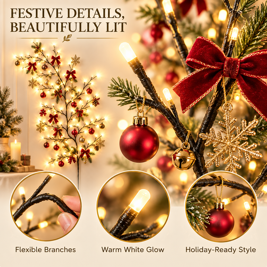 ✨ Flexible LED Branch Lights – Warm White Christmas Wall Decor