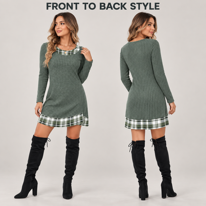 Women’s Plaid Patchwork Sweater Dress – Long Sleeve Knit Style