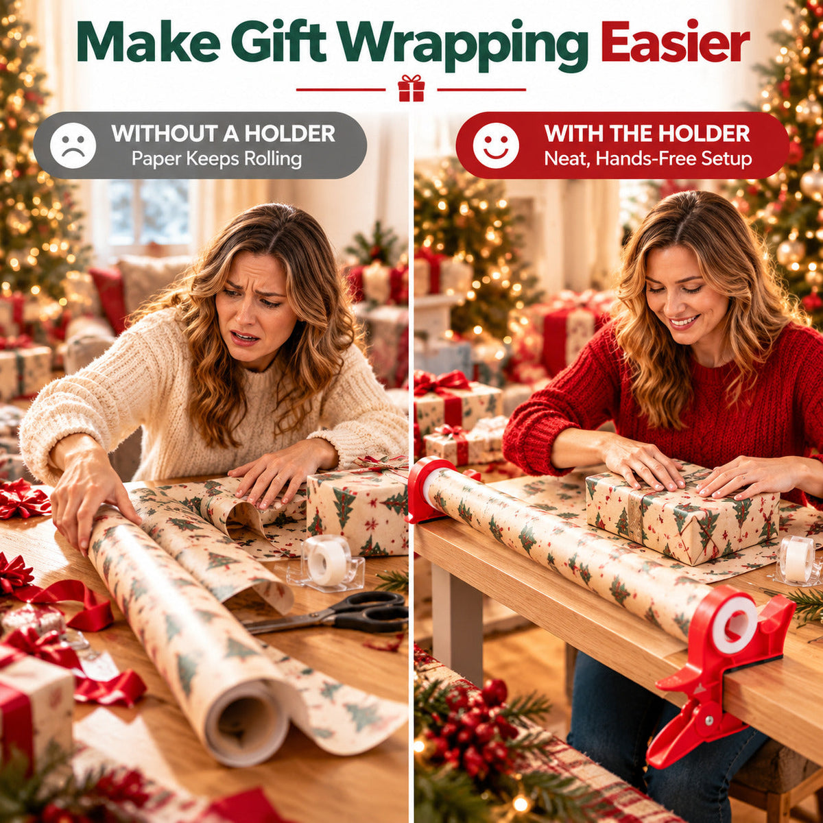 Before and after comparison of a gift wrapping paper roll without and with tabletop holders
