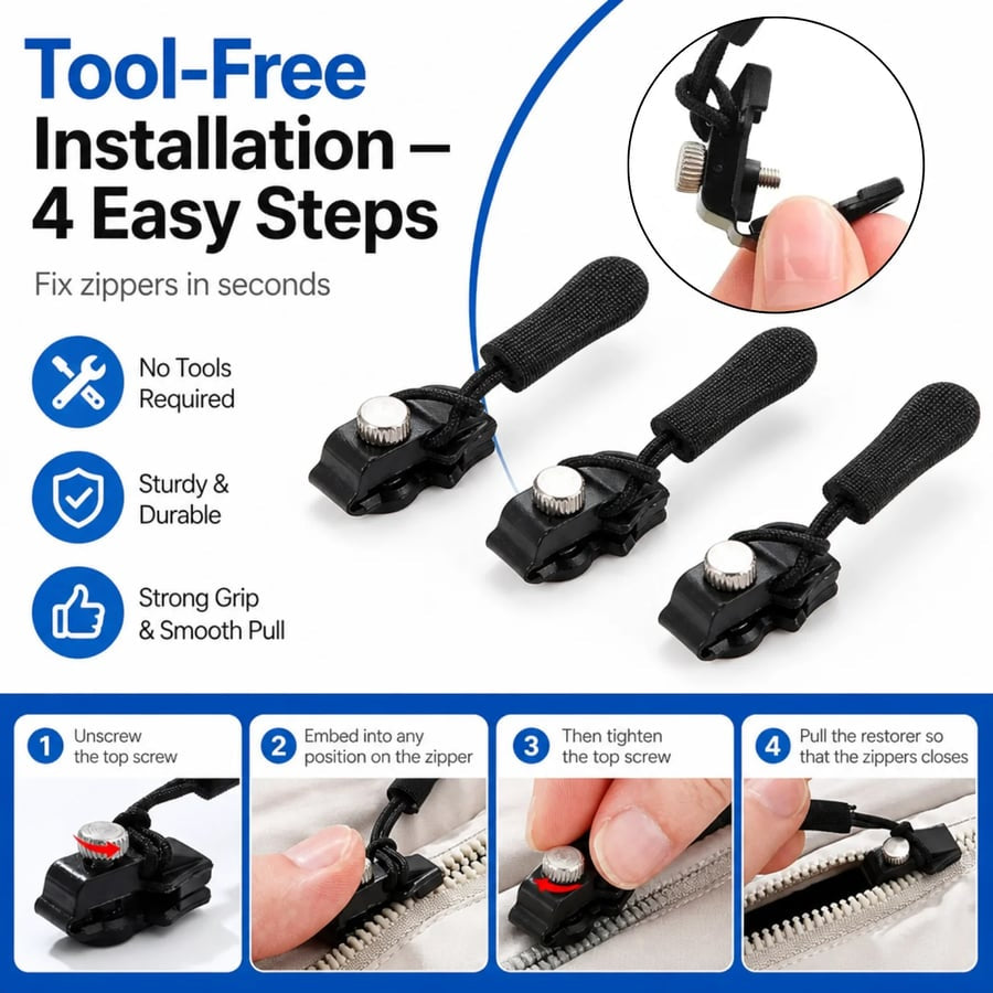 🔧Universal Detachable Zipper Repair Kit — Quickly Replace Zipper Sliders with No Tools Required🔧