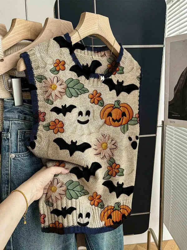 Women’s Halloween Knit Sweater Vest – Cozy Spooky Layering Top for Fall Outfits