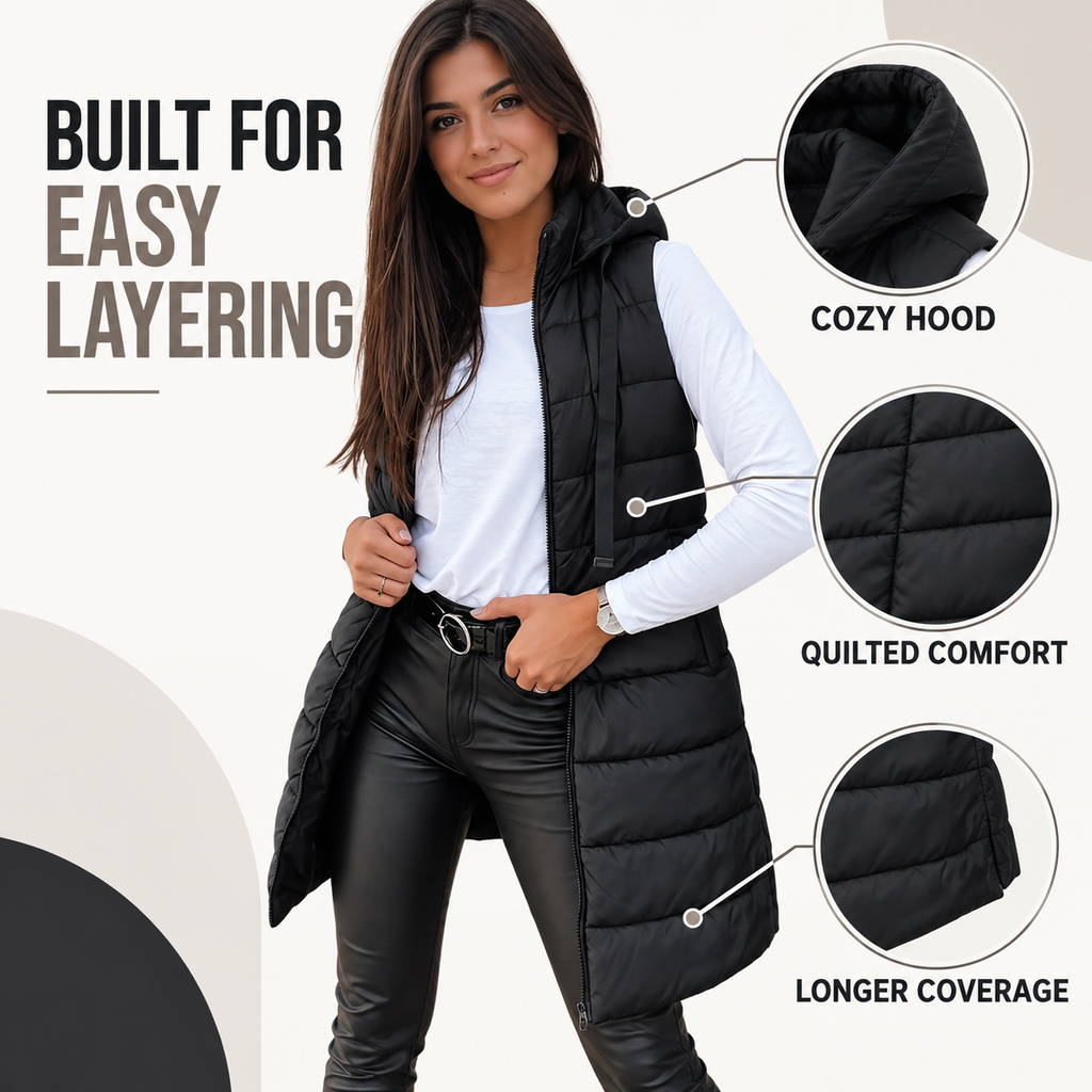 Women's Long Hooded Puffer Vest – Cozy Sleeveless Winter Layer