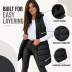 Women's Long Hooded Puffer Vest – Cozy Sleeveless Winter Layer