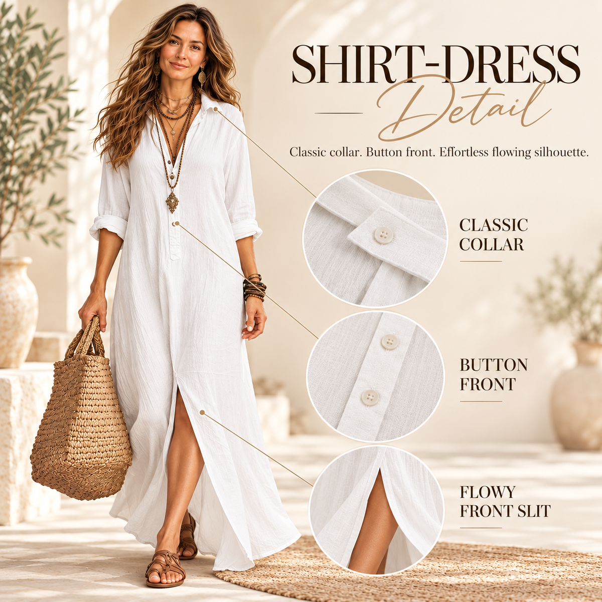 Effortless Boho Chic Long Sleeve Button-Down Maxi Shirt Dress