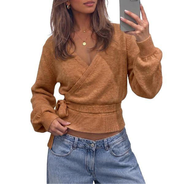 💃Women’s V-Neck Wrap Knit Sweater with Tie Waist & Lantern Sleeves💃