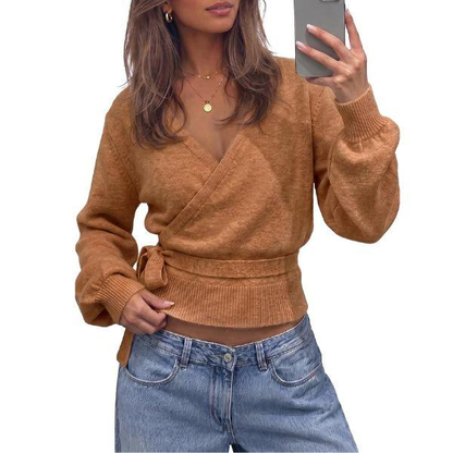💃Women’s V-Neck Wrap Knit Sweater with Tie Waist & Lantern Sleeves💃