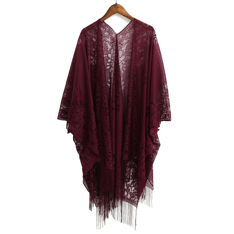 Elegant Floral Lace Kimono Wrap with Flowing Fringe | Evening & Wedding Shrug