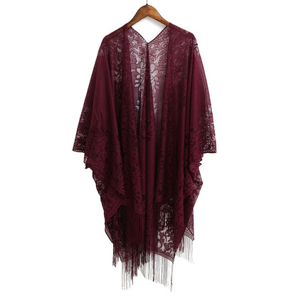 Elegant Floral Lace Kimono Wrap with Flowing Fringe | Evening & Wedding Shrug