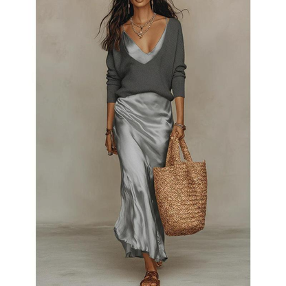 💃Women’s 2-Piece V-Neck Knit Sweater & Satin Slip Maxi Dress Set💃