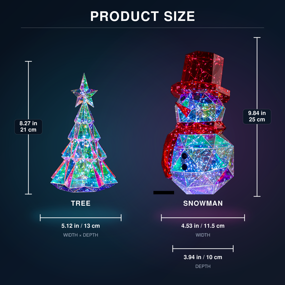 Iridescent LED Christmas Decor – Handcrafted Holiday Tree, Snowman Light Display