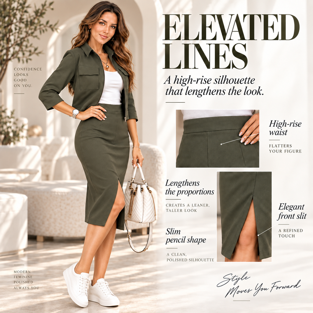 Women's Classic Lapel Crop Jacket & Split Midi Skirt Workwear Two-Piece Set