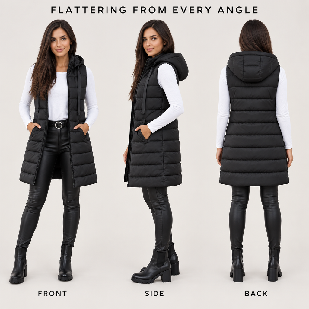 Women's Long Hooded Puffer Vest – Cozy Sleeveless Winter Layer