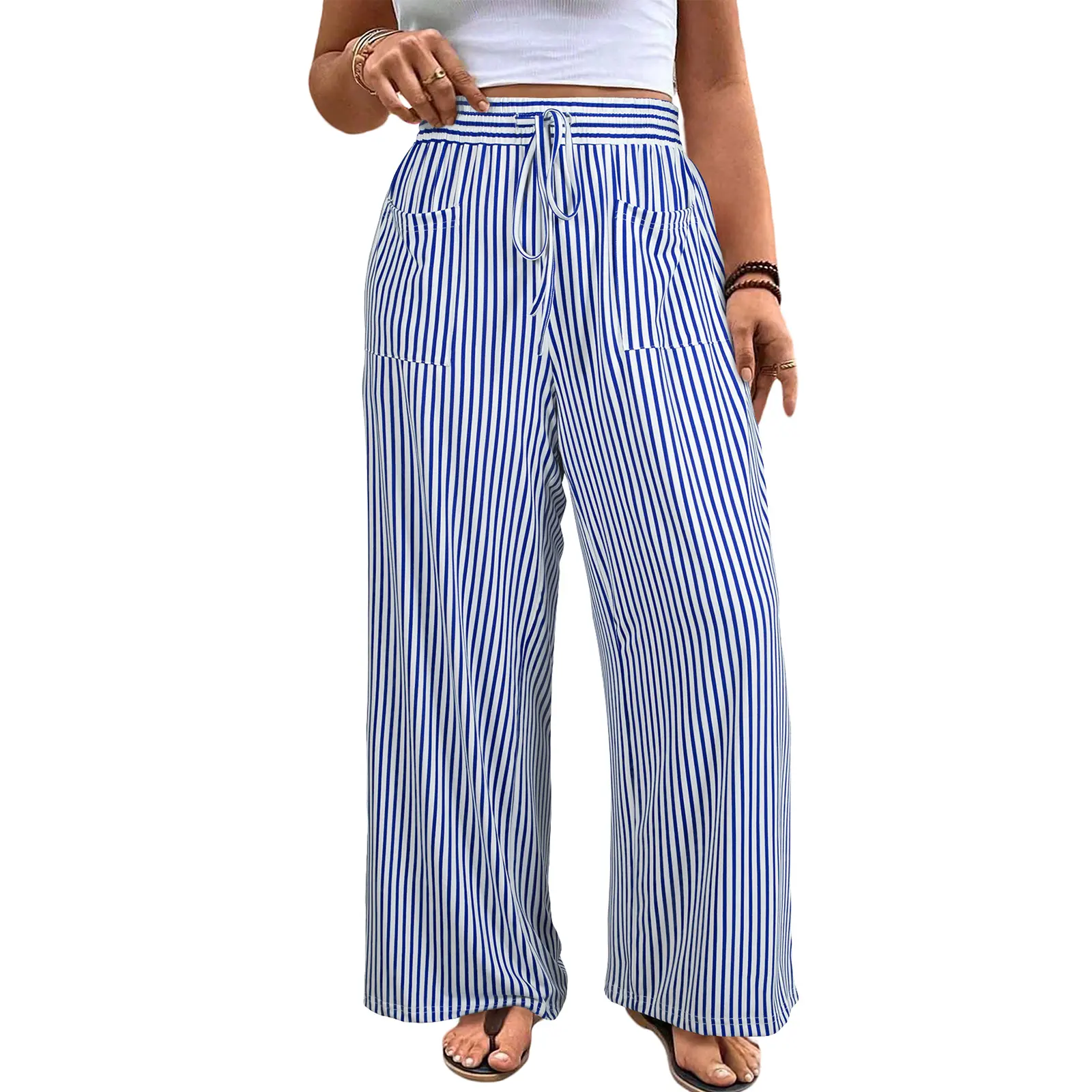 Women’s Plus Size High-Waisted Stretchy Striped Wide-Leg Casual Pants