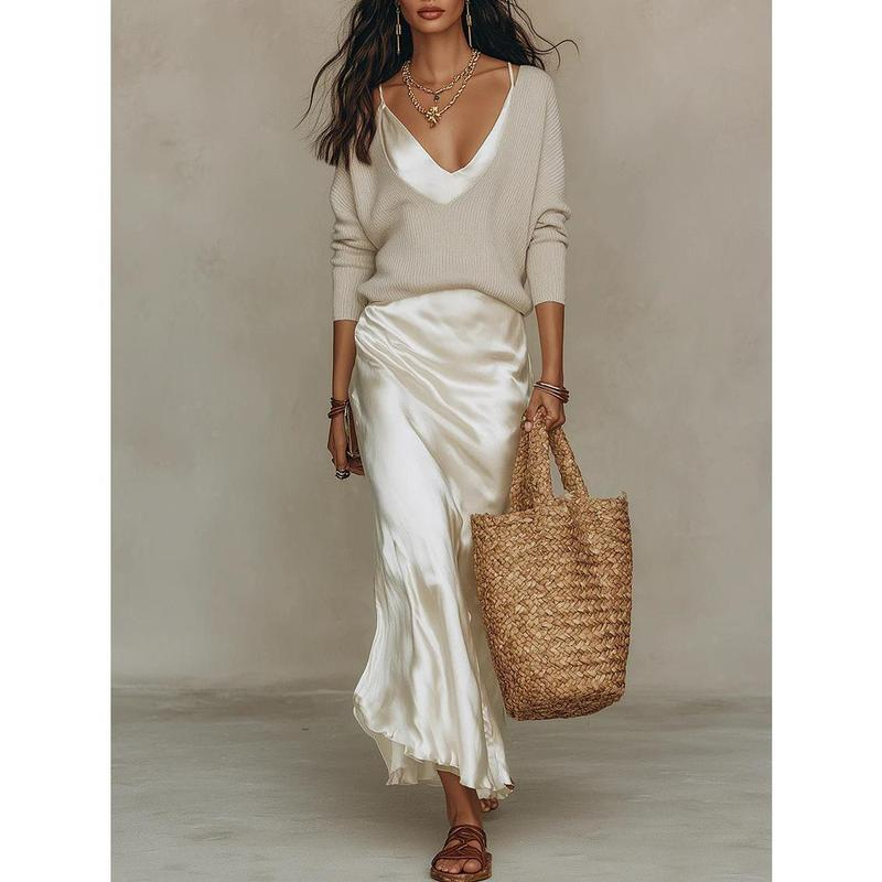 💃Women’s 2-Piece V-Neck Knit Sweater & Satin Slip Maxi Dress Set💃