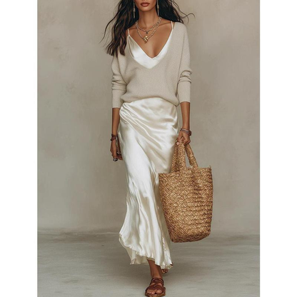 💃Women’s 2-Piece V-Neck Knit Sweater & Satin Slip Maxi Dress Set💃