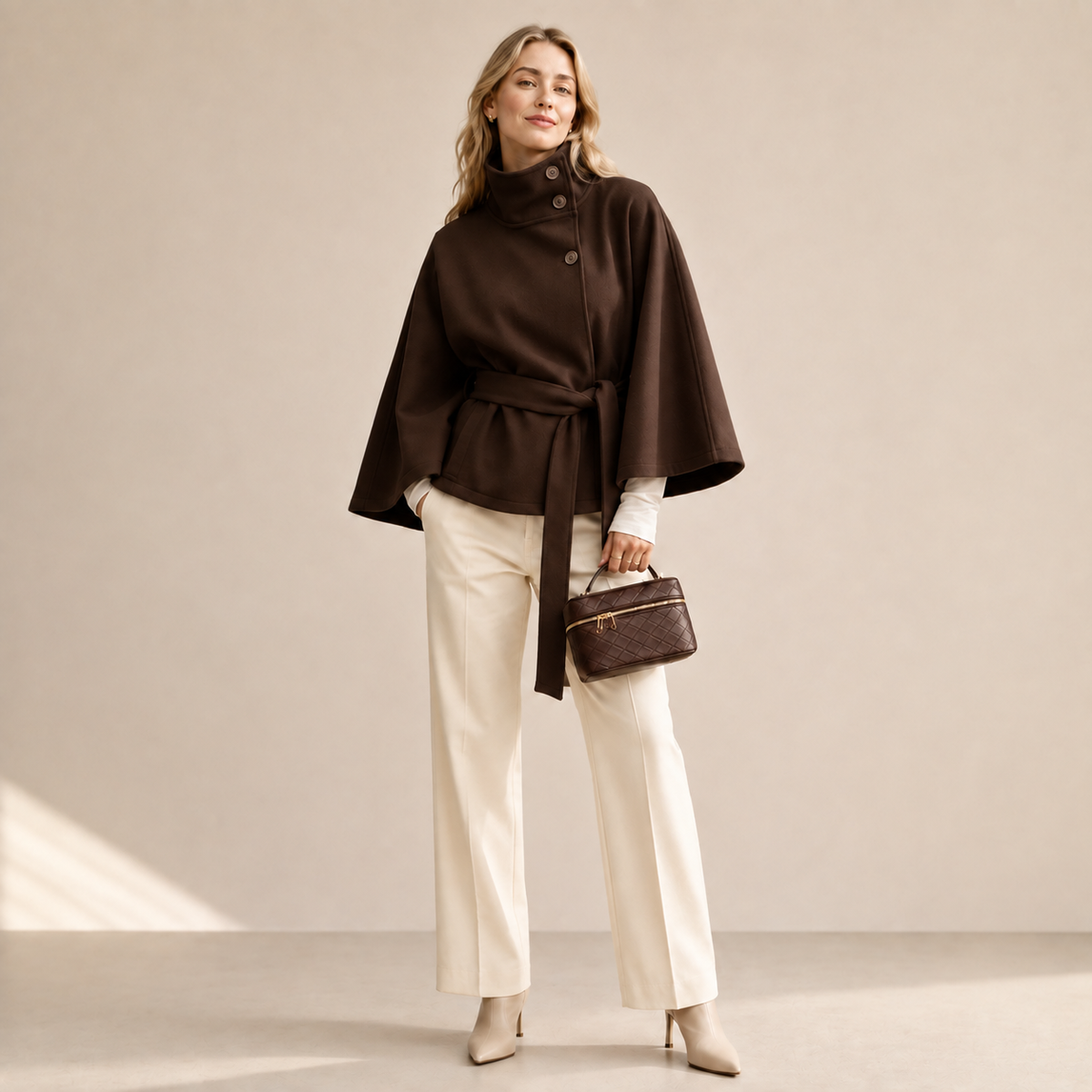 Women's Belted Cape Coat – Oversized Cropped Poncho Jacket