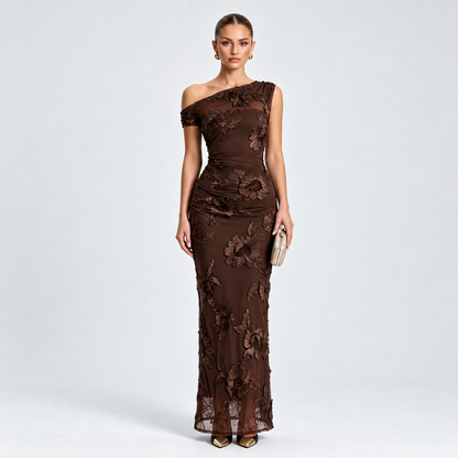 Elegant Asymmetric One-Shoulder 3D Floral Mesh Maxi Dress for Evening Formal Events