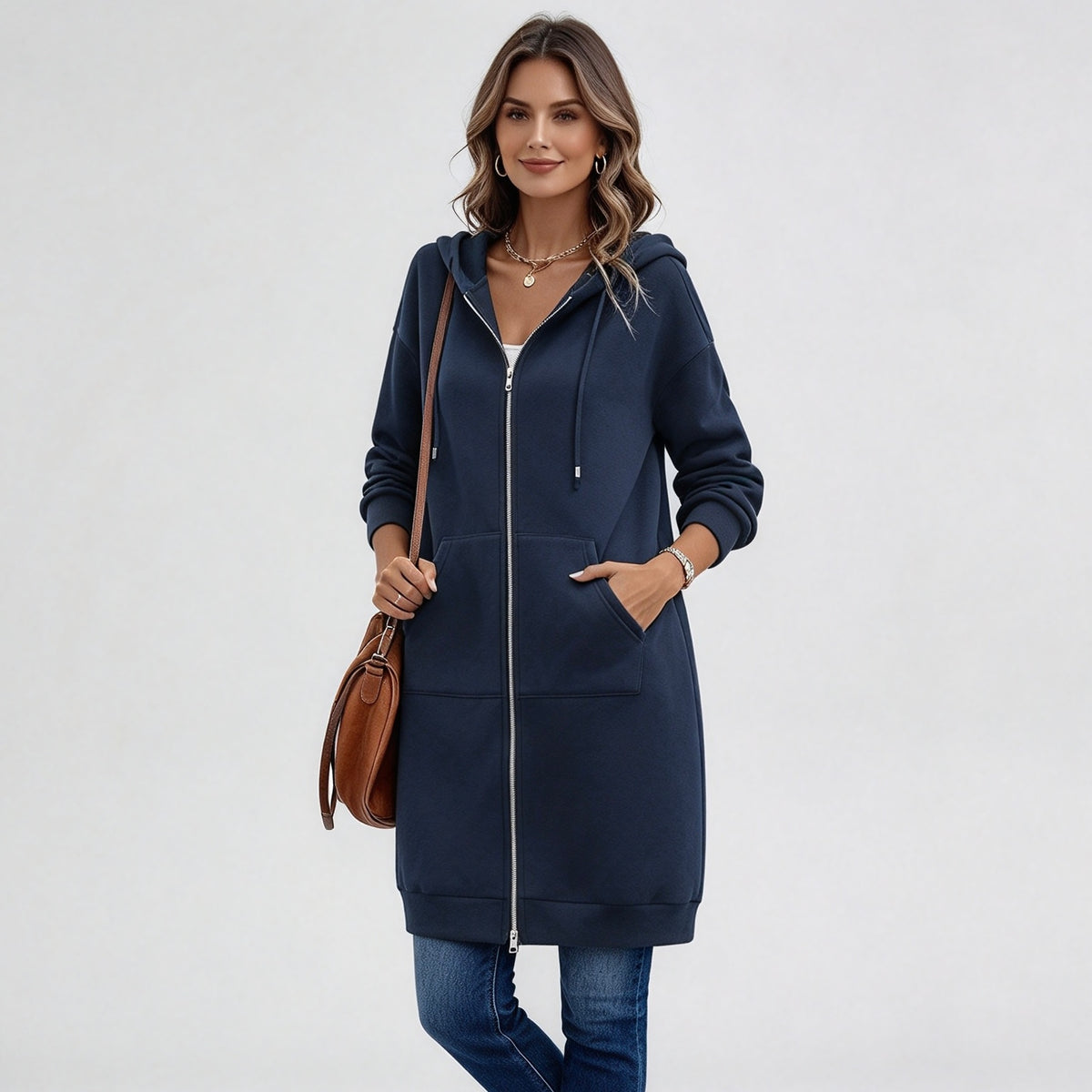 Women's Long Zip-Up Fleece Hoodie – Casual Oversized Full-Zip Outerwear with Pockets