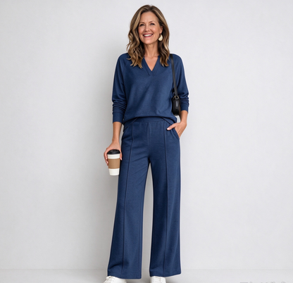 The Tailored V-Neck & Pintuck Wide-Leg Two-Piece Commuter Set