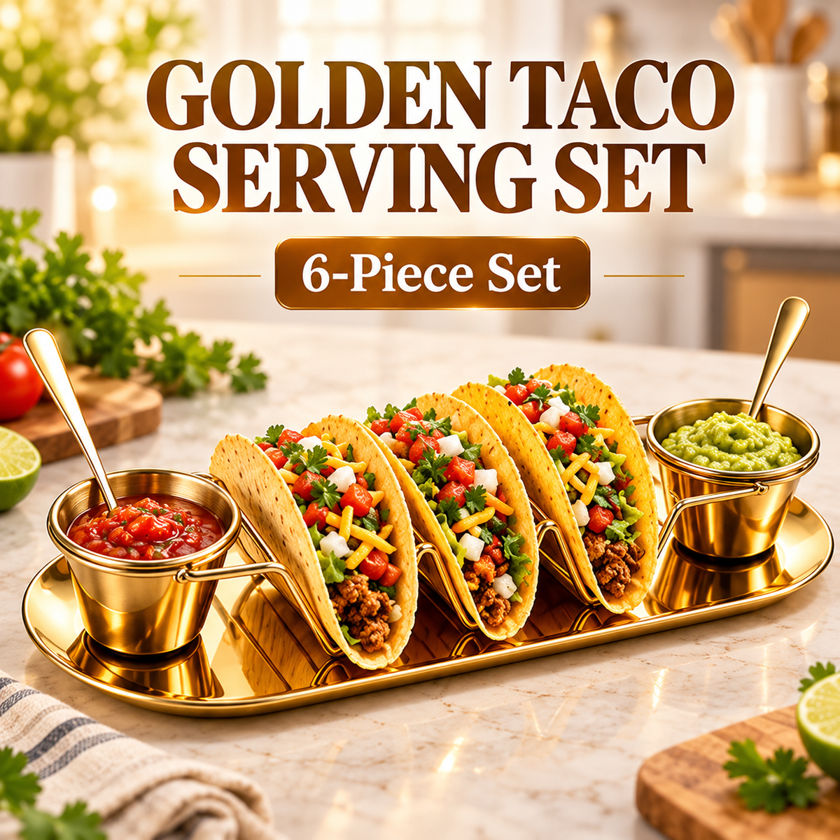 6-Piece Set Gold Taco Holder & Serving Set with Sauce Cups