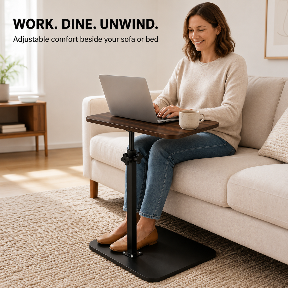 Mobile Adjustable Overbed Table C-Shape Laptop Desk with Rolling Wheels