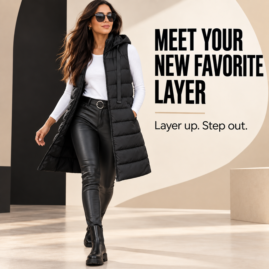 Women's Long Hooded Puffer Vest – Cozy Sleeveless Winter Layer