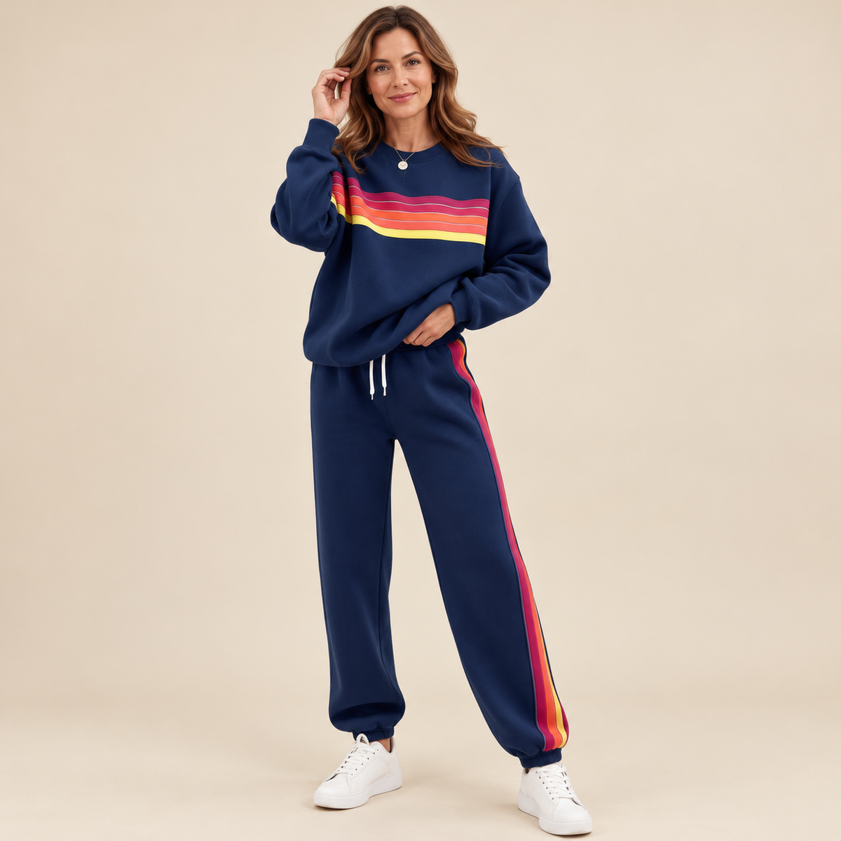 🌈Women's Retro Rainbow Stripe 2-Piece Set – Relaxed Sweatshirt & Drawstring Joggers 💕