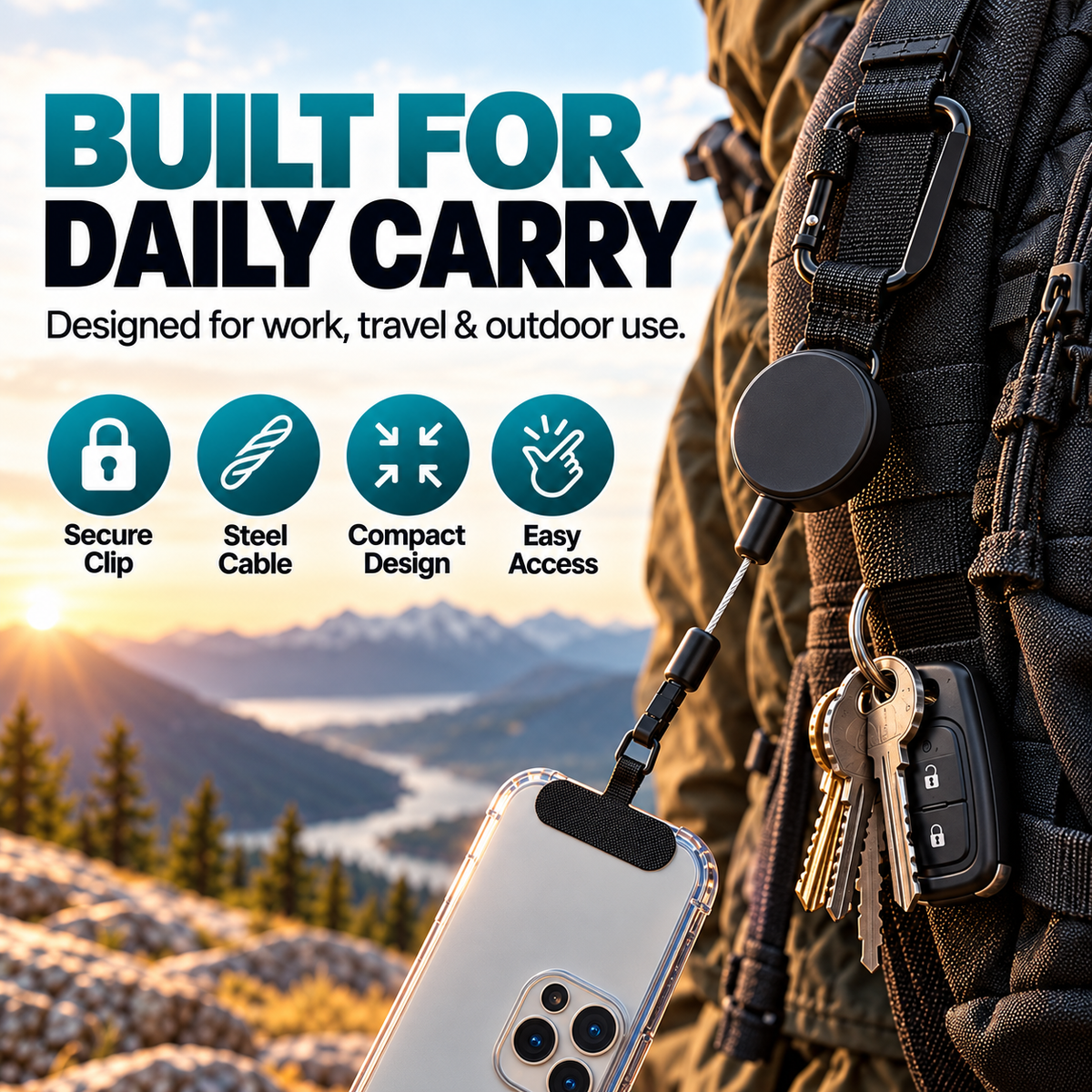 Retractable Steel Tether with Locking Carabiner – Secure Your Phone, Keys & Essentials Anywhere