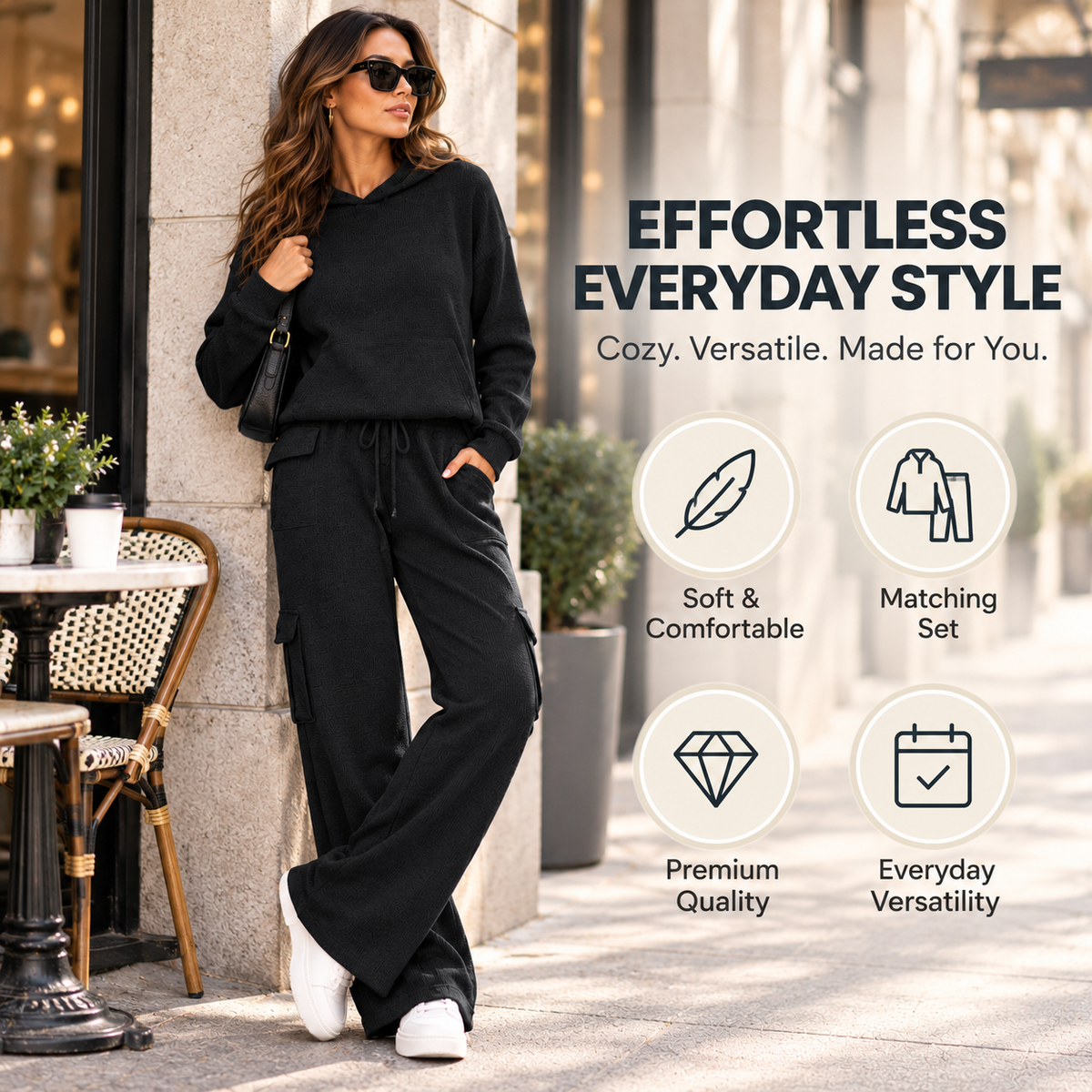 Women’s Soft Hooded Lounge Set with Wide-Leg Cargo Pants & Pockets