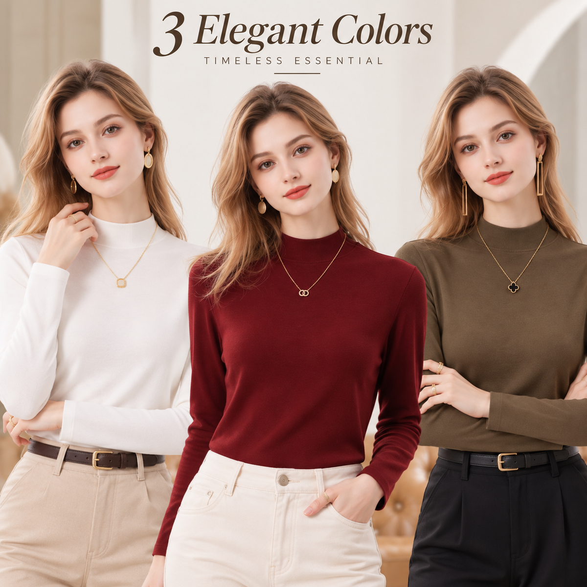 Women's Slim-Fit Mock Neck Knit Top （3pack）