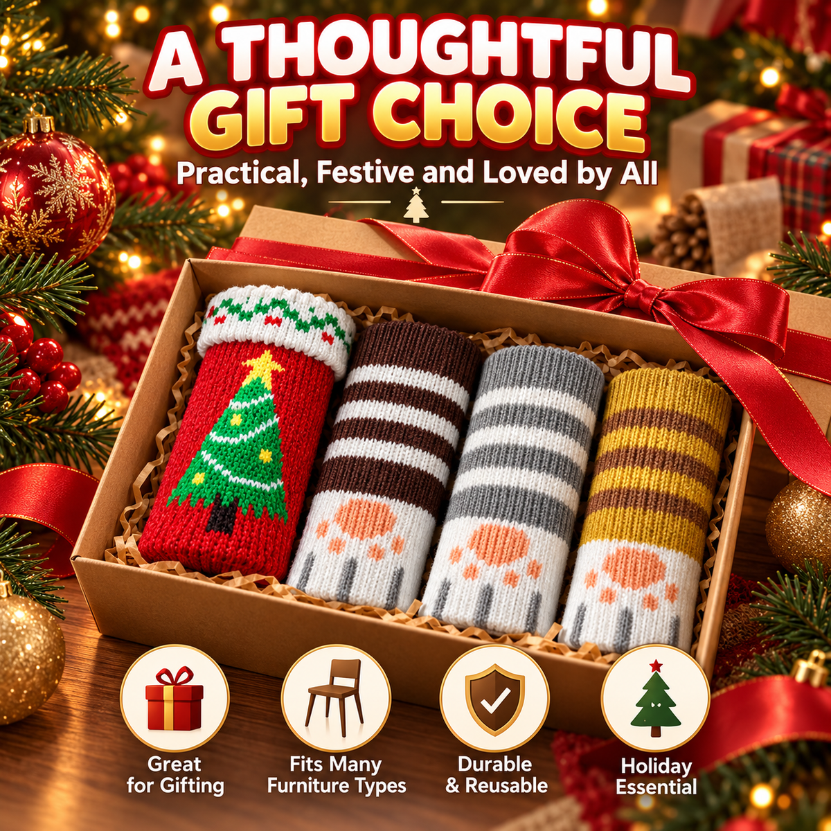 16/24 Pcs Christmas Knit Chair Leg Socks with Felt Pads – Non-Slip Furniture Floor Protectors