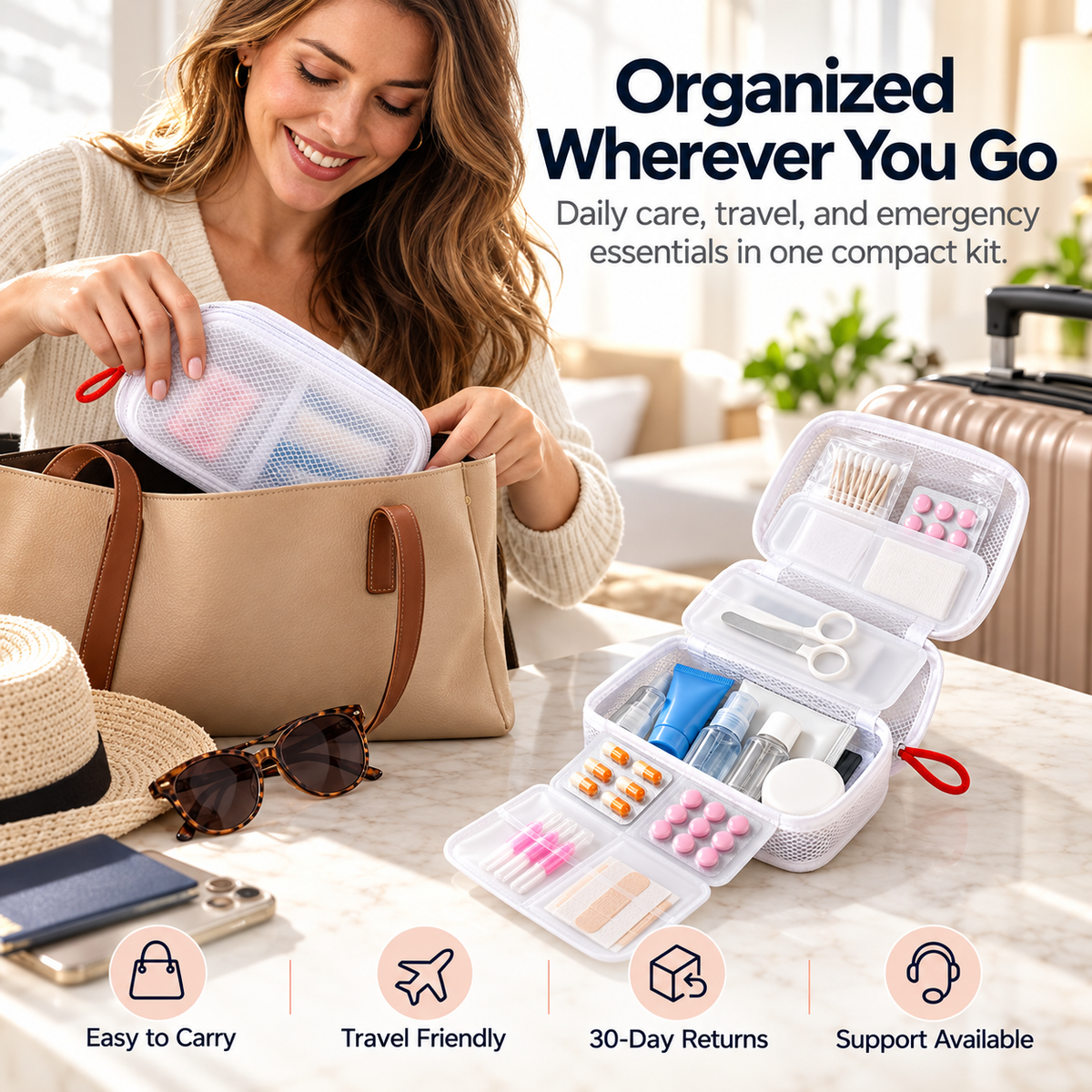 Portable Multi-Compartment Travel Organizer Bag for Toiletries, Medicine & Daily Essentials