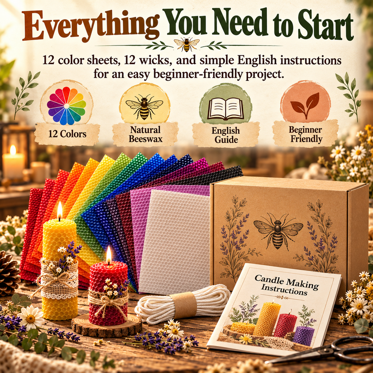 DIY Natural Beeswax Candle Making Kit – 12 Colorful Wax Sheets + 12 Wicks, Easy Handmade Gifts