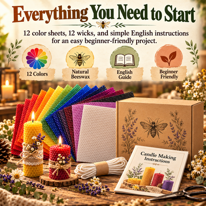 DIY Natural Beeswax Candle Making Kit – 12 Colorful Wax Sheets + 12 Wicks, Easy Handmade Gifts