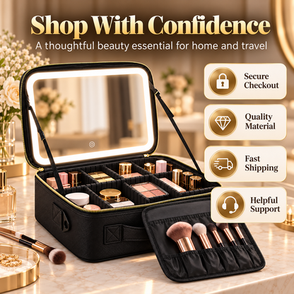 Portable Makeup Train Case with LED Lighted Mirror, 3 Lighting Modes & Adjustable Dividers