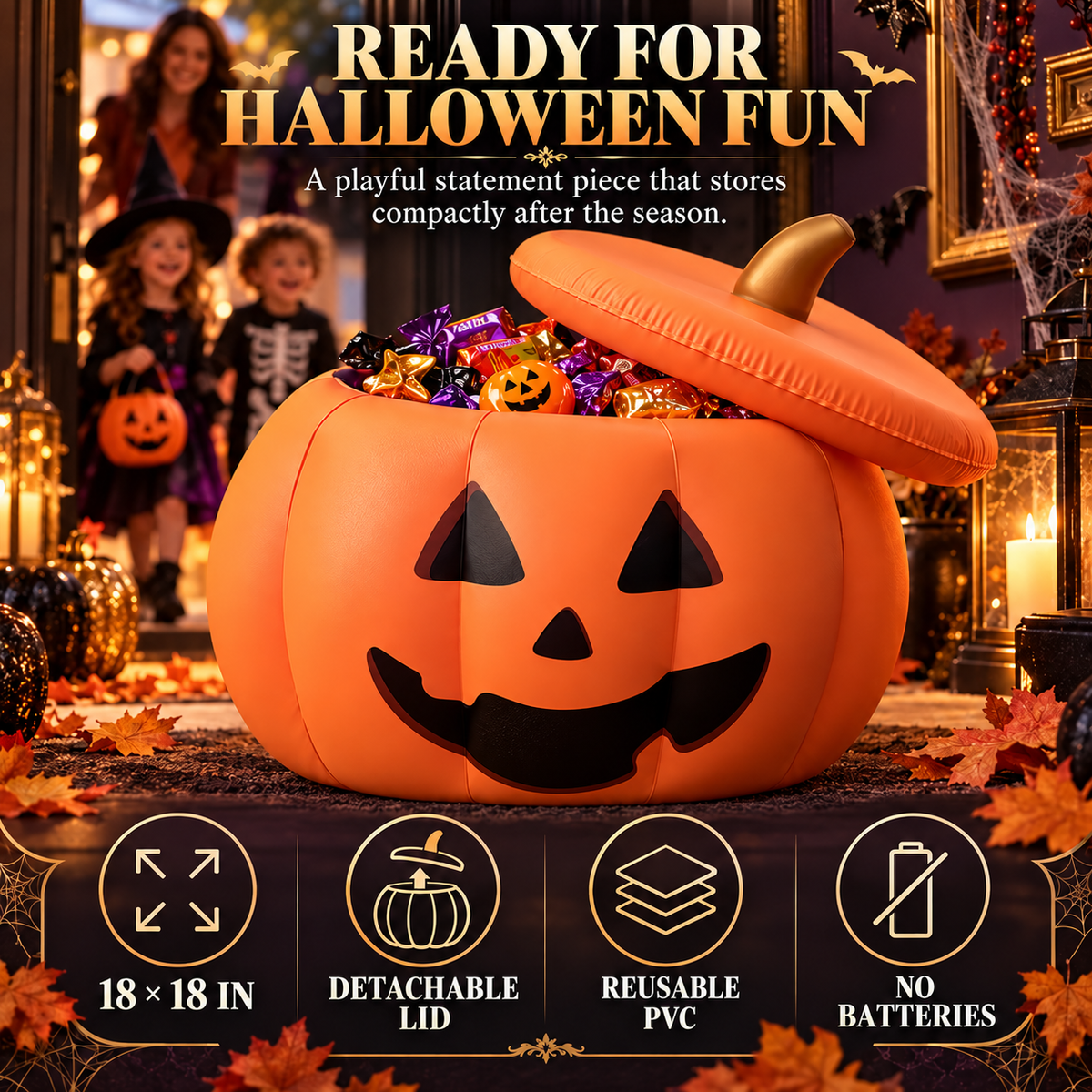Inflatable Pumpkin Bucket with Detachable Lid & Reusable Design