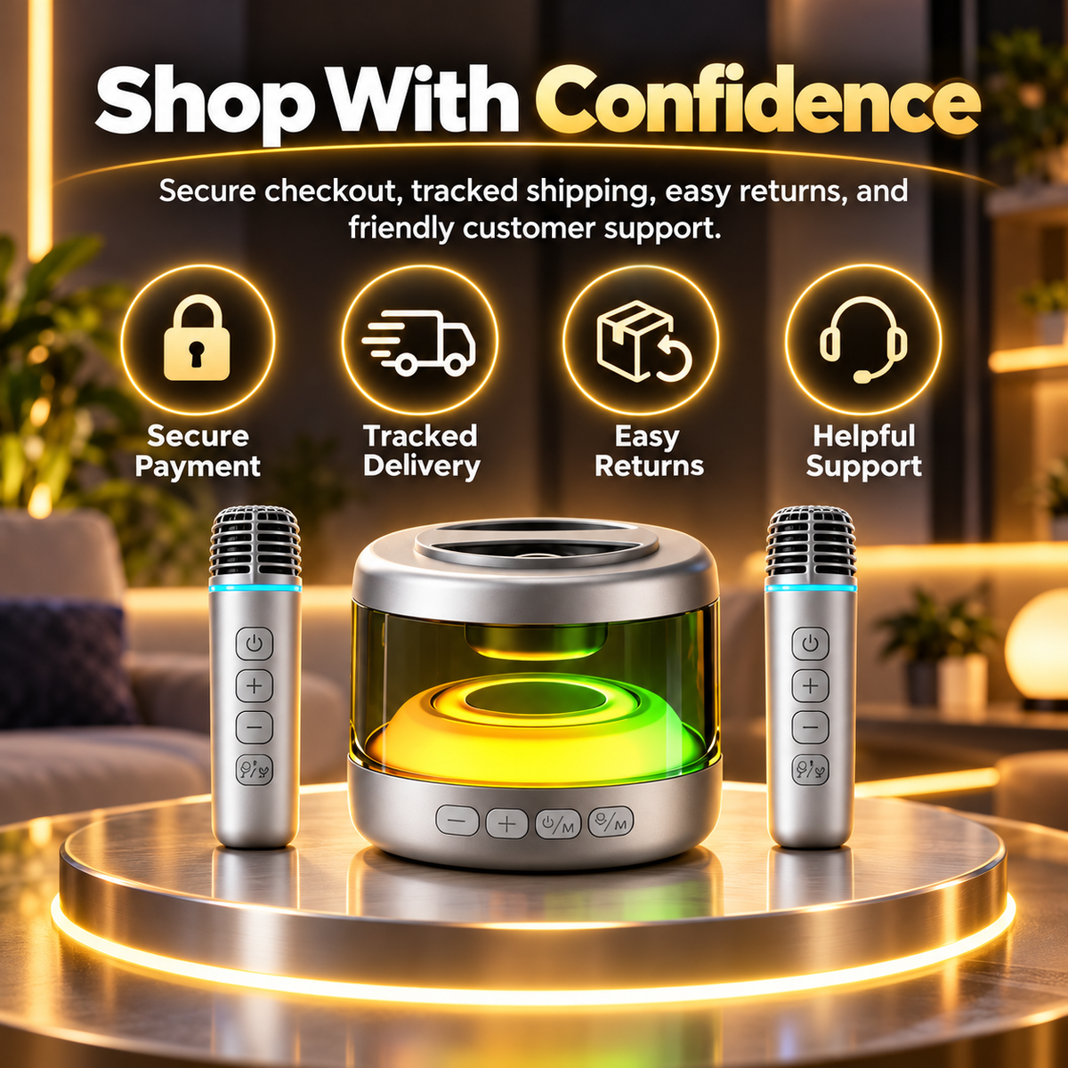 Portable Mini Karaoke Machine with Dual Wireless Microphones, 360° Sound & RGB Lights