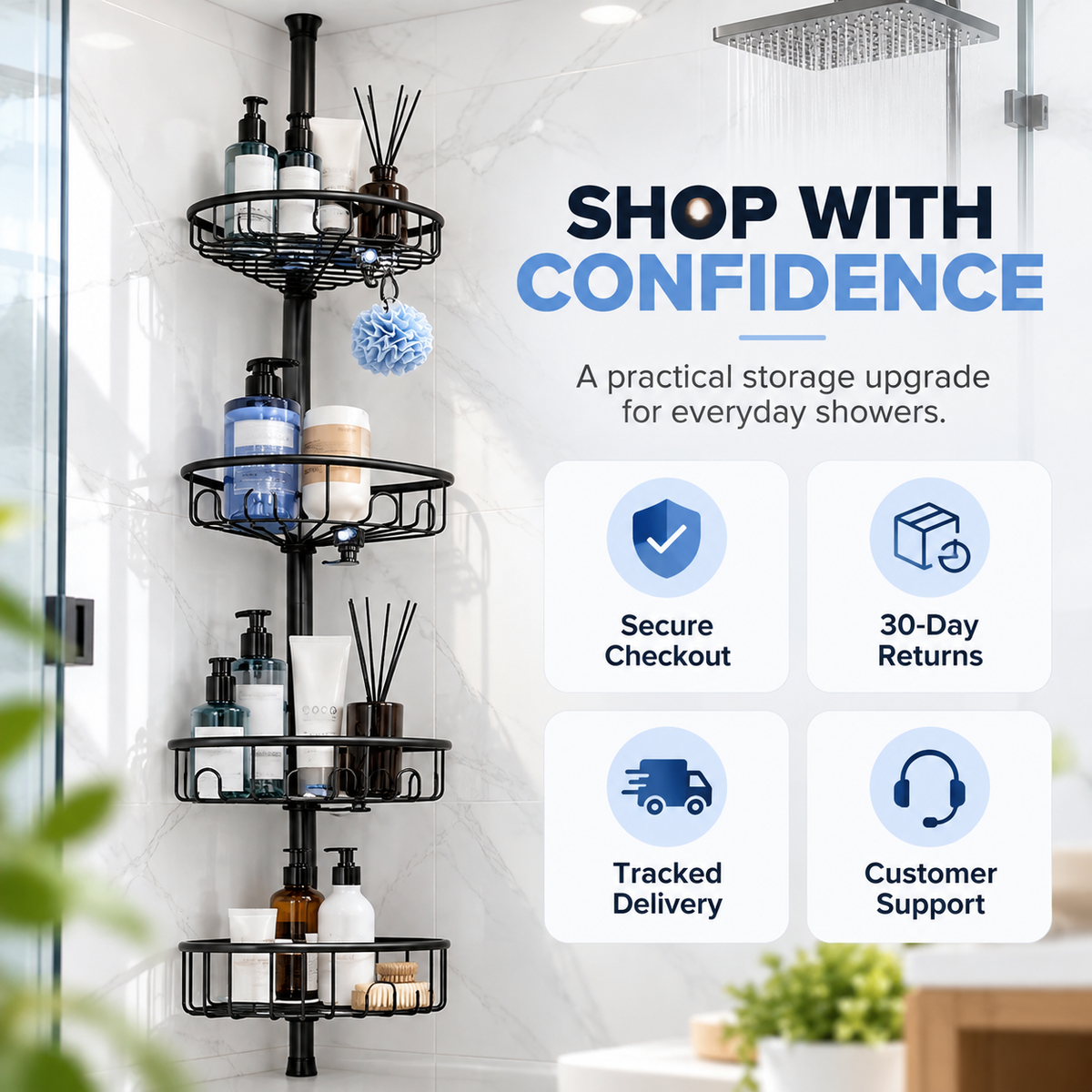 4-Tier Adjustable Corner Shower Caddy with Hooks