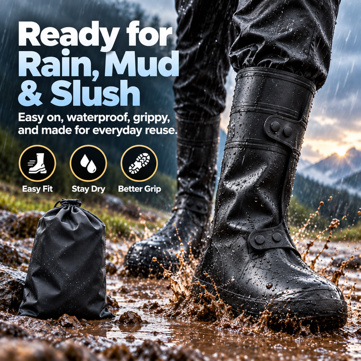 Wide-Opening Waterproof Rain Boot Covers — Easy On, Secure Fit & All-Weather Protection