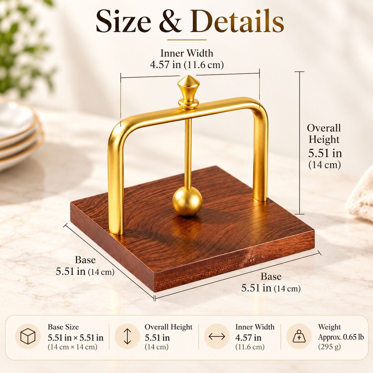 Gold & Wood Weighted Napkin Holder with Secure Arm