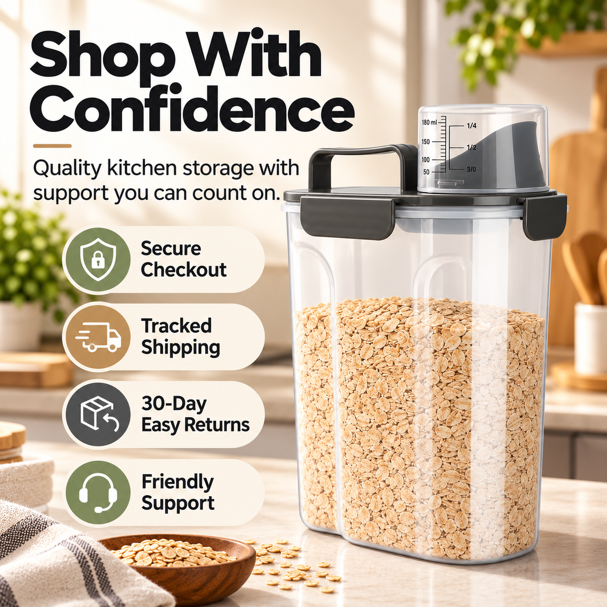 Airtight Dry Food Storage Container with Measuring Cup & Pour Spout