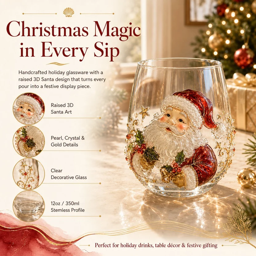 🎄✨ 3D Christmas Glass Art Cup | Luxury Raised Holiday Glassware for Drinks, Decor & Christmas Gifts 🎁