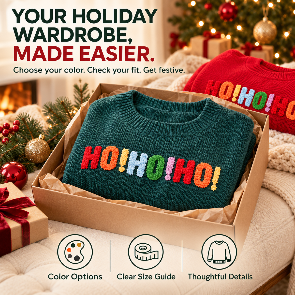 🎄 Women's Oversized Christmas Sweater – Colorful Chenille HO HO HO & MERRY CHRISTMAS Graphic Knit Pullover