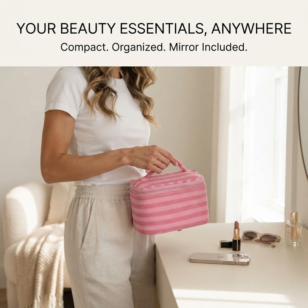 Pink Striped Portable Makeup Bag with Built-In Mirror