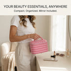 Pink Striped Portable Makeup Bag with Built-In Mirror