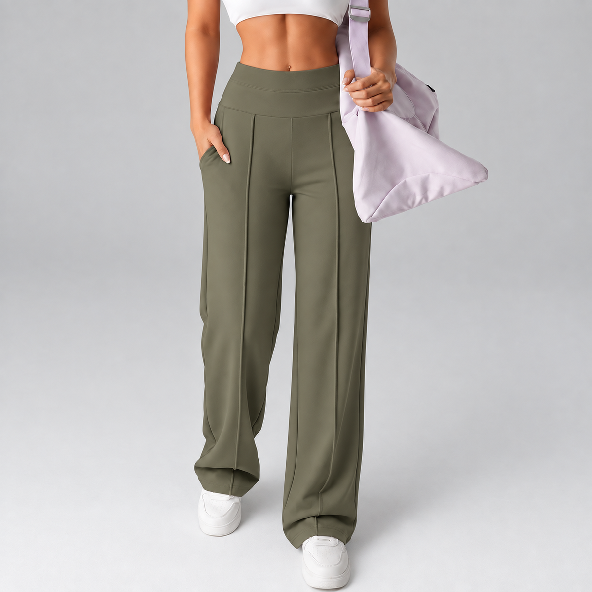 Women’s High-Rise Wide-Leg Comfort Pants with Pockets, Stretch Fit & Front Seams