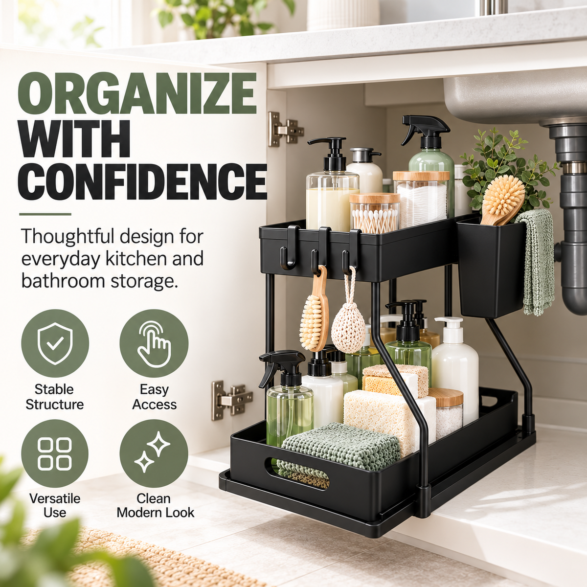 2-Tier Pull-Out Under-Sink Organizer with Hooks &amp; Side Basket