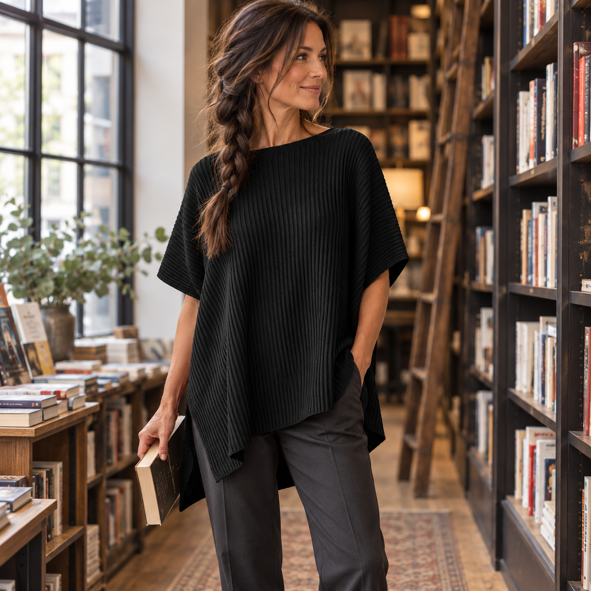 Women's Casual Oversized Solid Cotton Knit Pullover Top